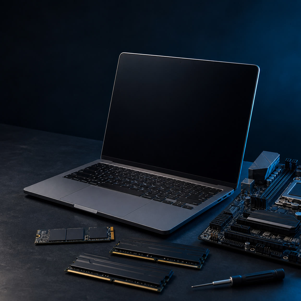 Notebook, SSD, memórias RAM, placa-mãe e ferramenta de precisão sobre bancada técnica